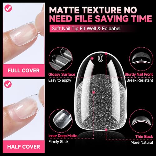 Image of UNA GELLA Short Oval Round Nail Tips Pre-shaped Half Matte 120pcs | Short Oval Round Soft Gel Nail Tips Full Cover Clear Acrylic Fake Nails for Press on Nail Extensions Home DIY Salon 12 Sizes