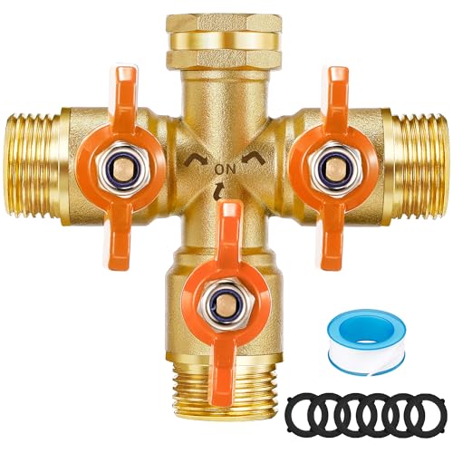 3 Way Hose Splitter, High Flow 3 Way Brass Hose Splitters with Metal Handle, Heavy Duty Garden Tap Splitter with Shutoff Valve, 3/4'' GHT Thread Triple Hose Splitter, Three Way Water Spigot Splitter