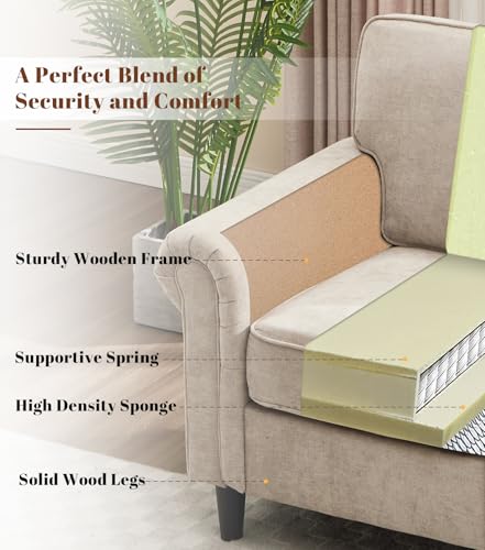 Image of Kingfun Loveseat 2 Seater Couch with Chair, Mid Century Modern Chenille Sofa Set with Rolled Arms and Deep Seats, Fluffy Comfort for Living Room, Apartment, Easy Assembly, Khaki
