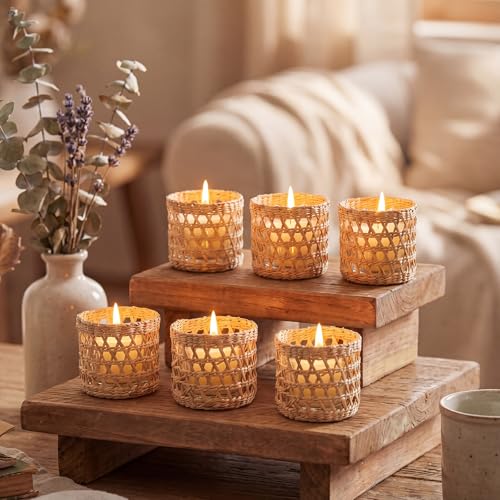 Yiyiring 6 Pack Wicker Rattan Woven Tea Light Candle Holder Kit Rustic Handcraft...