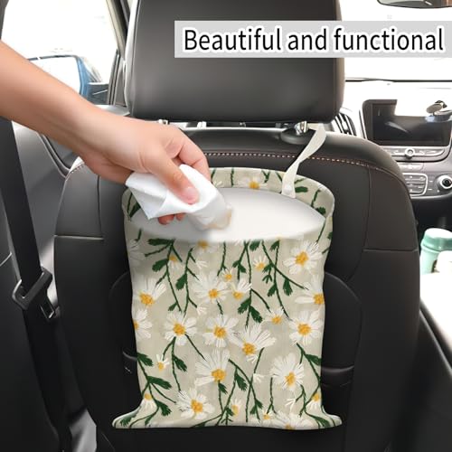 Image of Car Trash Can, Hanging Garbage Bin for Men and Women, Cute Car Organizer and Storage Bag, Canvas Vehicle Trash Can Bag Easy-to-Install Cute White Floral