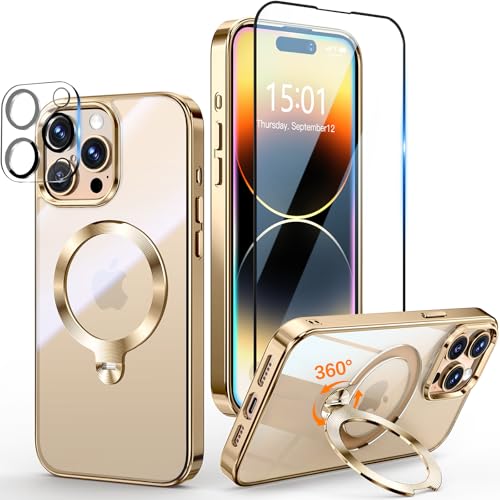 Coque iPhone 14 Pro MagSafe Anti-Chute et Anti-Rayure avec Support Intégré Or