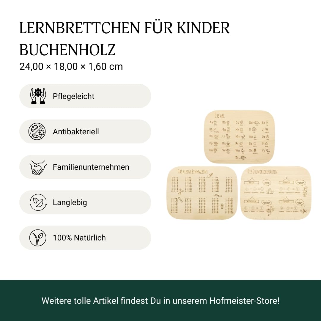 HOFMEISTER® 3er-Lernbrettchen-Set (ABC + 1×1 + Rechnen) Buche 24 × 18 cm – Frühstücksbrett für Kinder mit Lernmotiv (1 Stück)