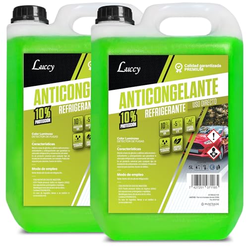 LUCCY Anticongelante Coche 10% Protección -5ºC Verde - 10 Litros - Fórmula Mejorada - Líquido Refrigerante Profesional para Vehículos Fórmula Orgánica Long Life