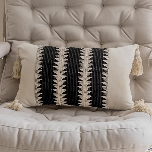 vctops Boho Cotton Linen Decorative Throw Pillow Covers with Tassels 16x24 Inch Soft Farmhouse Neutral Stripe Pillow Covers Accent Macrame Woven Black Cushion Case for Couch Sofa Car (Tree A,16"x24")