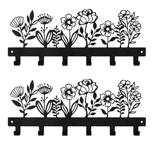 2 PCS Wall Mounted Metal Towel Rack with 6 Hooks Black Metal Towel Holder for Bathroom Space Saving, Waterproof Rustproof Easy Install Bathroom Decor(Flower)