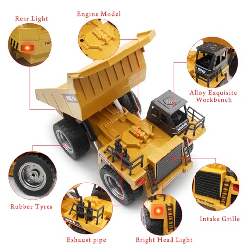 Camion à benne télécommandé avec cabine métallique robuste et lumières LED