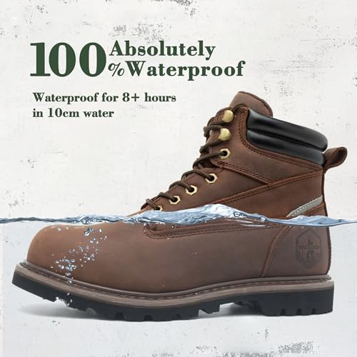 Image of Steel Toe Work Boots for Men 6 Inch Waterproof Non Slip Rubber Comfort Leather Safety Durable Industrial Construction Boots