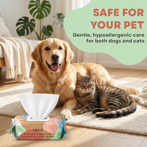 Image of Eco Wave Hypoallergenic Plant-Based Pet Wipes, Dog and Cat Grooming Wipes for Face, Ears, Body, Butt, and Paws, Fragrance Free, Compostable, 400 Count