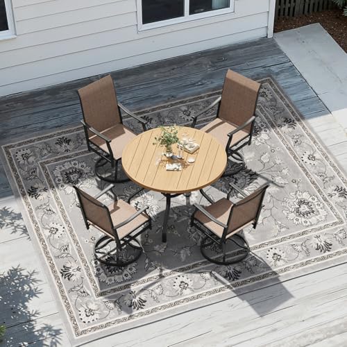 Image of Soohow Patio Dining Set for 4, 5-Piece Round Outdoor Dining Set 4 x Swivel Patio Chairs and 41 inch Round Outdoor Dining Table with 1.57 inch Umbrella Hole, Wood-Like, for Poolside, Backyard