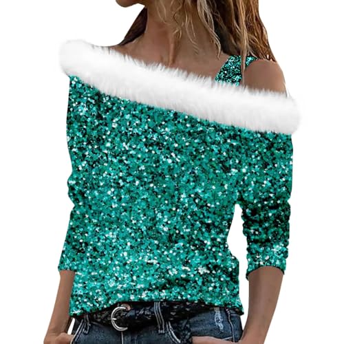 Hefiauo Blusa de Invierno con Lentejuelas para Mujer Camiseta de Manga Larga Pullover Cuello Redondo Discoteca Top de Lentejuelas para Mujer con Purpurina Festiva Parte Superior de Fiesta
