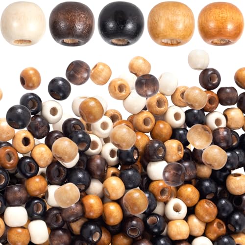 HINZIC 500pcs Large Hole Wooden Beads 8mm Round Wood Hair Beads Vintage Spacer Charm Assortments for DIY Macrame Bracelet Necklace Decorations- 5 Colors