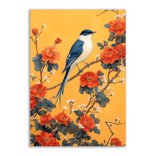 Toile botanique oiseaux pivoines TERUEA orange 80x120 pour décoration murale de salon