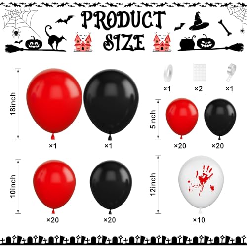 Image of Halloween Balloon Arch Kit Bloody Balloons Garland Black and Red Balloon with Skull Face Explosion Star Foil Balloon for Nightmare Horror Theme Birthday Spooky Vampire Skeleton Cat Party Decorations