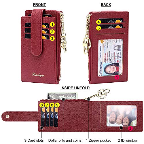 Image of Badiya Slim Women Wallet RFID Blocking Bifold Compact 9 Card Slots Holder Wallets Soft Leather with Zipper Coin Pocket 2 ID Window