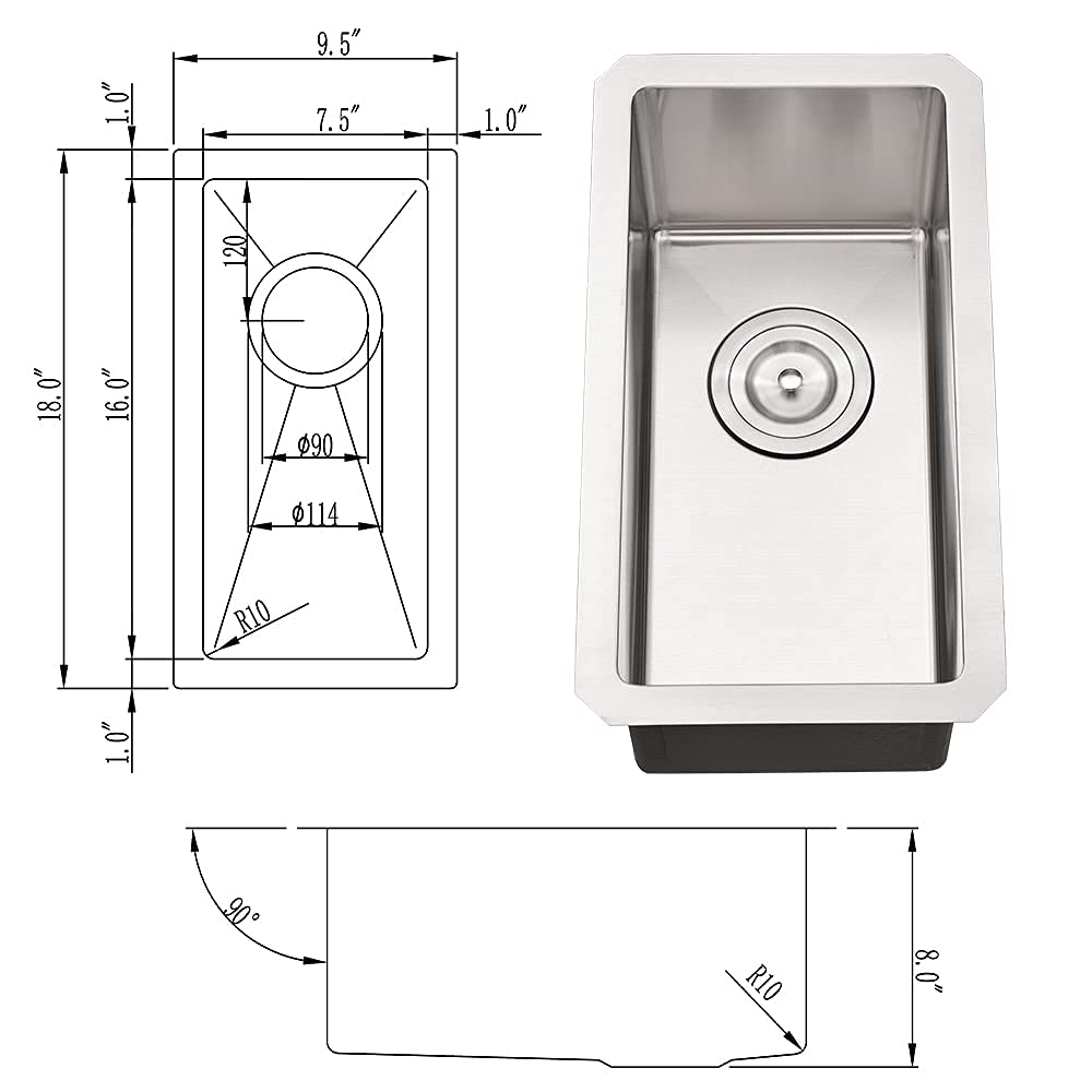 10 Inch Bar Sink Undermount - VASOYO 10"x18" Undermount Wet Bar Prep Kitchen Sink 16 Gauge Stainless Steel Single Bowl Bar and RV Sink Tight Radius Outdoor Undermount Bar Sink with Bottom Grid & Drain