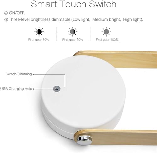 Miniatura 4 de Lámpara de mesa plegable 4 en 1, luz LED retráctil USB, mango de madera, linterna portátil y linterna, control táctil, intensidad regulable, 3