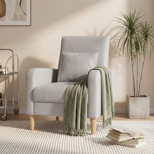 Image of COLAMY Mid-Century Modern Accent Chair, Faux Leather Upholstered Living Room Chair with Back Pillow & Solid Wood Legs, Comfy Armchair for Living Room, Bedroom, Single Sofa, Light Grey
