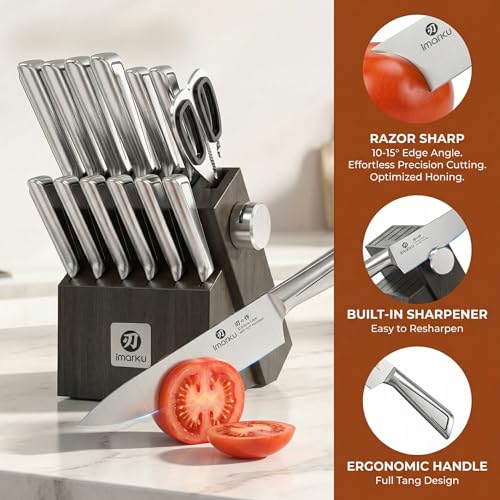 Image of imarku Japanese High Carbon Stainless Steel Knife Set with Block, Precision-Forged Gyutou Kitchen Knives with Built-in Sharpener, Ultra-Sharp 10-15 Edge, Ergonomic Non-Slip Handle, Dishwasher Safe
