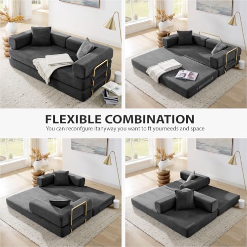 Image of HANXIN Convertible Sleeper Sofa Bed, 78 Inch Folding Floor Mattress Couch with Fixed-Shape Frame, Futon Boneless Couch Lounge Loveseat with Pull Out Bed, No Assembly Required, Grey