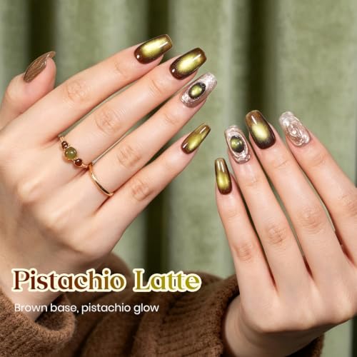 Image of Beetles Pistachio Latte Cat Eye Gel Polish - Brown Base Green Magnetic Glow | 15ml Fall Brown Cat Eye Gel Green Magnetic, Glass Shimmer Effect Soak Off UV Nail Polish for DIY Nail Art Salon Manicures