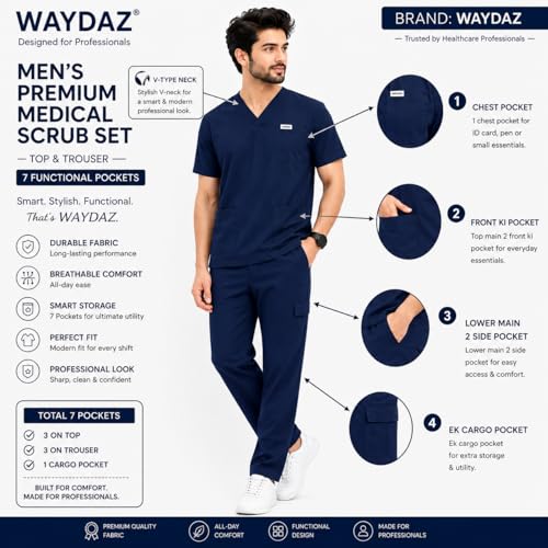 Image of Unisex Medical Scrub Suit Set, V-Neck Top with Pants, Short Sleeve, Polyester Cotton Blend, 7 Pockets, Regular Fit, Hospital Doctor Nurse Uniform