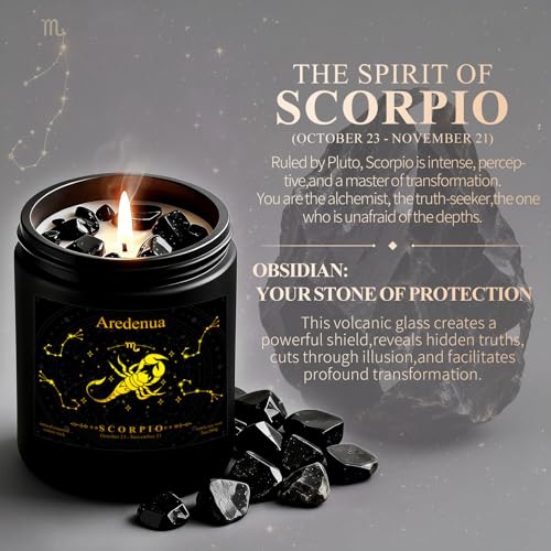 Image of Scorpio Zodiac Candles with Black Obsidian Crystals, Smoky Vanilla | Astrology Scorpio Birthday Gifts for Women Men, Black Gift Box, 7 oz Soy Candle, 50 Hour Burn Time, Black Jar
