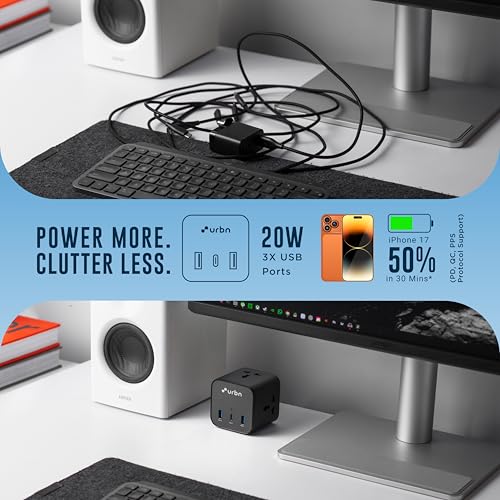 Image of URBN 6-in-1 Qube Core Power Strip | 3 Universal Sockets (2500W) + 3 USB Ports (20W PD) | Fast Charging | Heavy Duty 2m Power Cord | Surge Protection | 1 Year Warranty (Black)