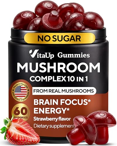 VitaUp Mushroom Gummies for Adults - USA Made 10 in 1 Mushroom Supplement - Mushroom Complex with Lions Mane, Cordyceps, Turkey Tail, Reishi, Shiitake for Cognitive & Immune Support - 60 Count