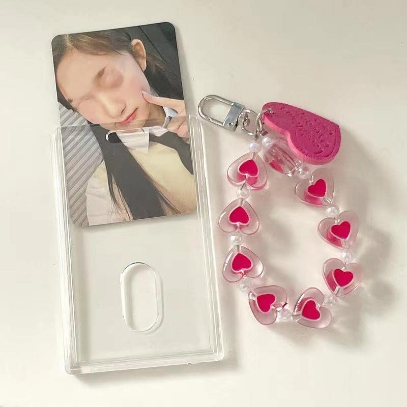 Kpop Fotokaarthouder 3 inch Kawaii Acryl Transparante Sleutelhanger Badgehouder Fairycore ID Credit Card Sleeve Cover Indie Protector met Vlinder Hanger (Rose Hart, Horizontaal