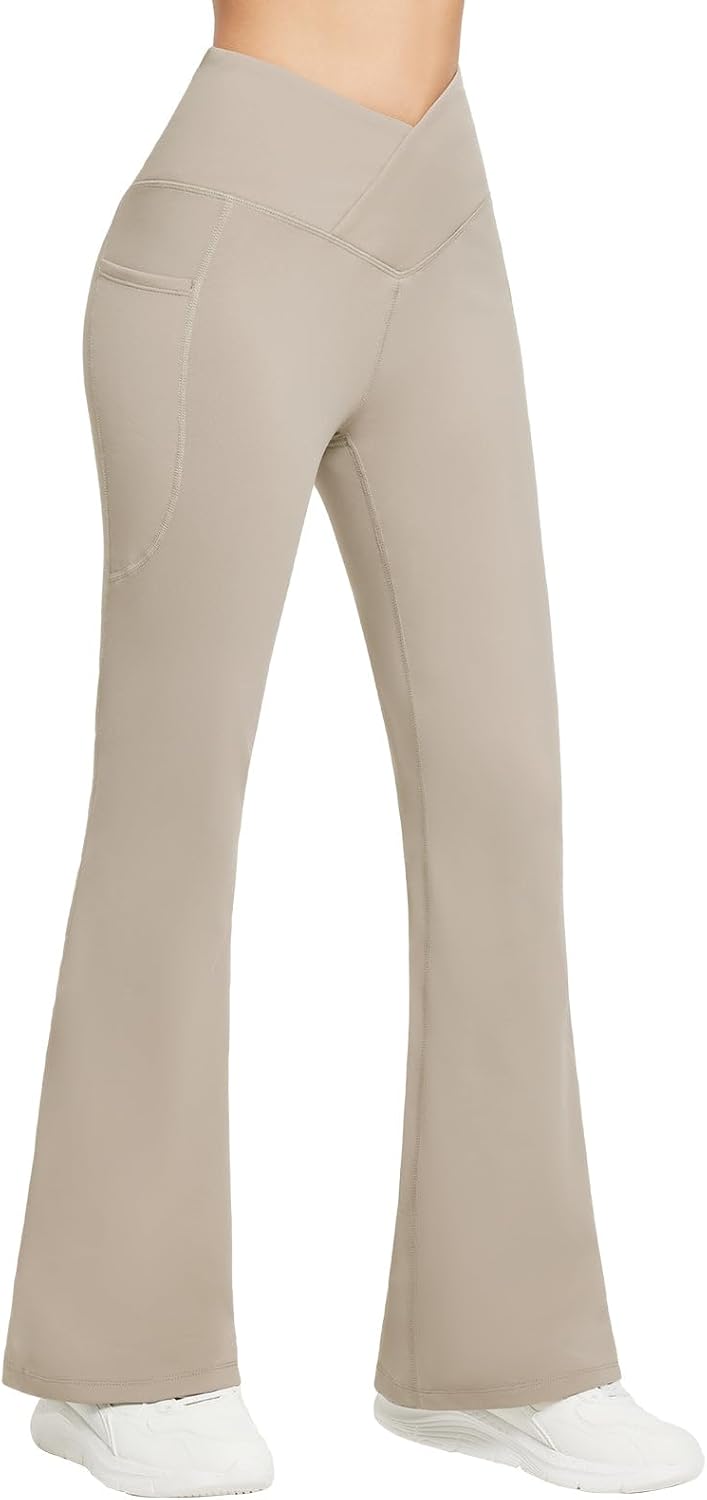 baleaf Women's Fleece Lined Pants Winter Thermal Warm Flare Leggings Crossover Yoga Pants Bell Bottom with Pockets
