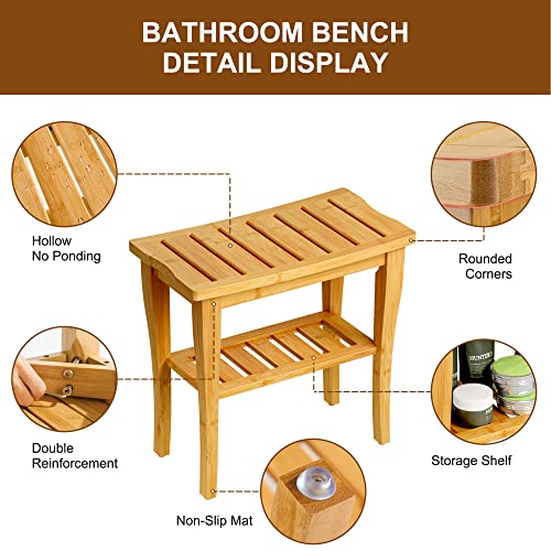 Greenual Bamboo Shower Bench 2-Tier Spa Shower Stool for Inside Shower with Storage Shelf and Non-Slip Feet Shower Chair Seat Organizer for Bathroom or Living Room - Thumbnail 3