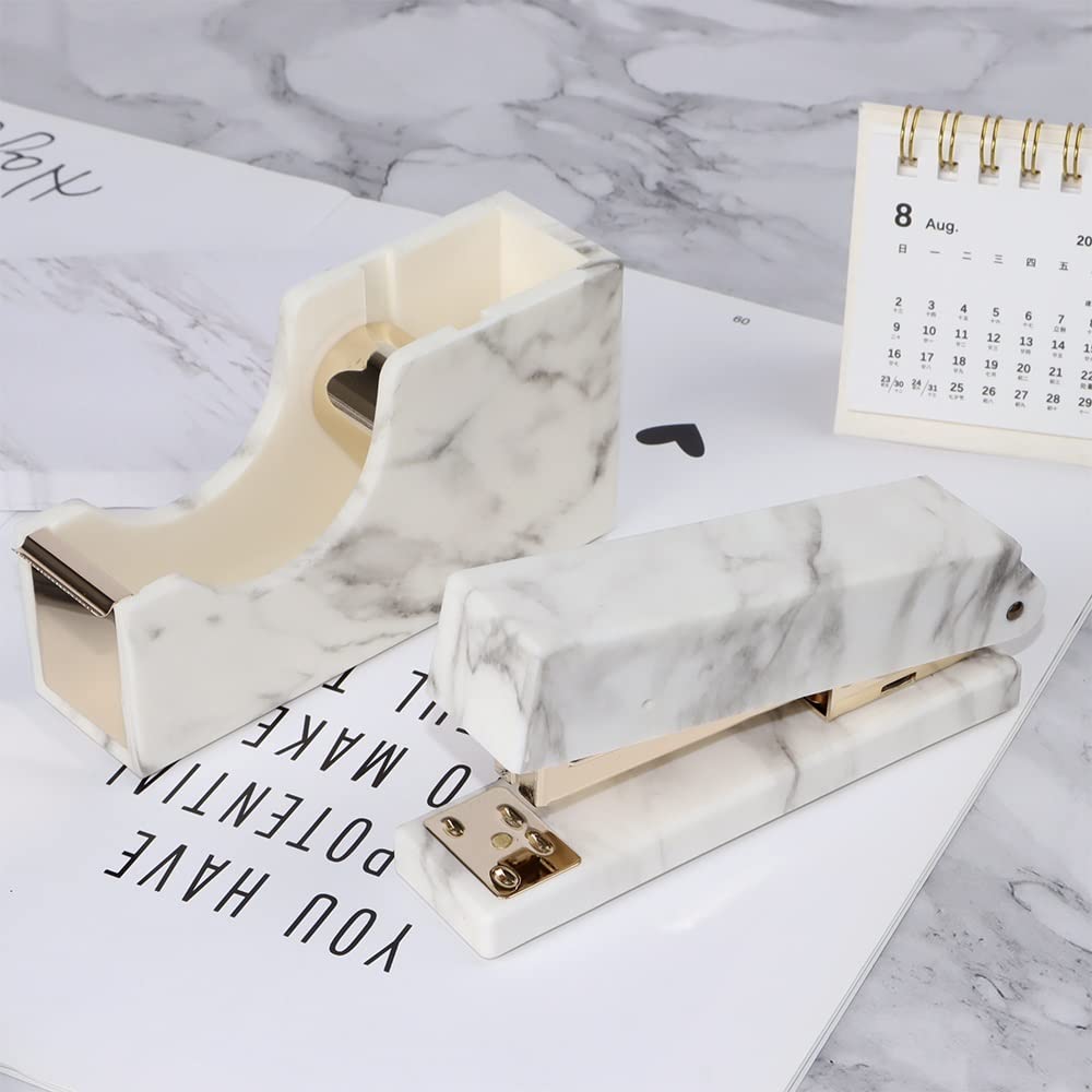 Dispenser per nastro adesivo, Mini Marble Stapler e set dispenser for nastro adesivo - Elegante spillatrice da tavolo for ufficio e arredamento scolastico(White)