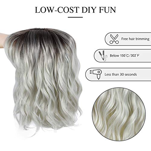 Image of Rose bud Wavy Bob Wig with Bangs Natural Black to Silver Wig Synthetic Hair Shoulder Length Short Hair Curly Wigs for Women