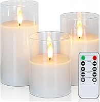 Amagic Clear Glass Flameless LED Pillar Candles with Remote & Timer - Battery Operated Flickering Set of 3, Pure White Wax Home Decor