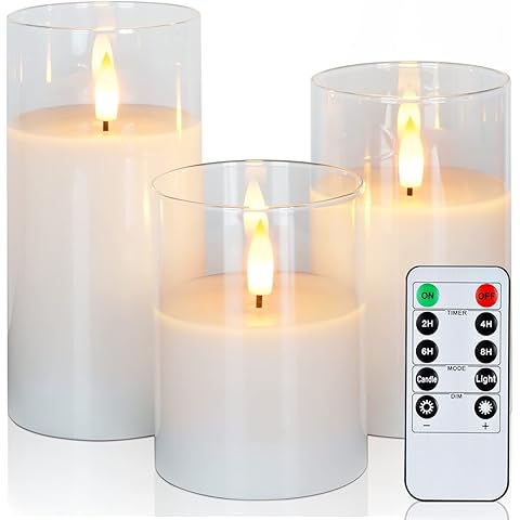 Amagic Clear Glass Flameless Candles Battery Operated with Timer, Remote Control, LED Pillar Candles, Battery Powered, Pure White Wax, Set of 3