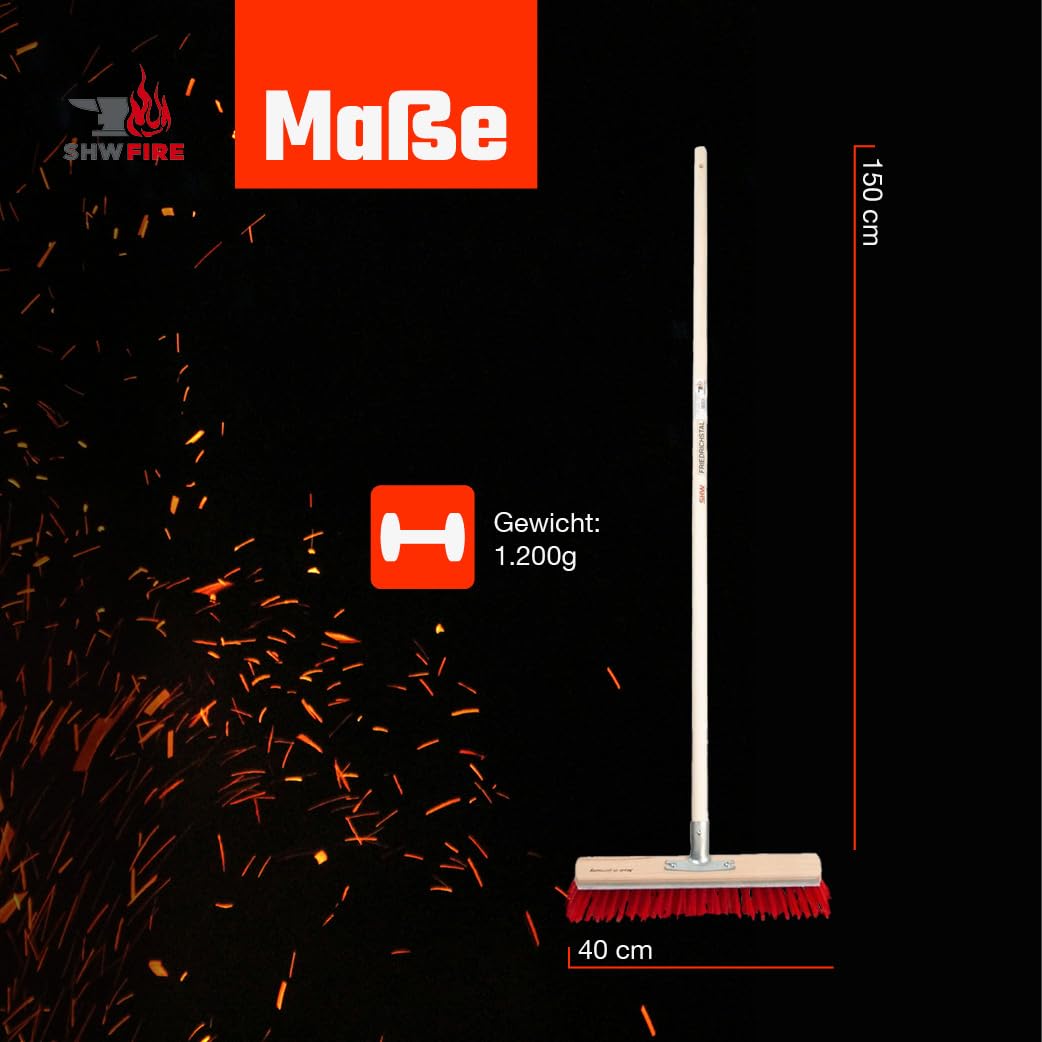 SHW-FIRE | Straßenbesen 40 cm breit mit Kratzkante, langlebige Elaston-Borsten, 140 cm Espenholzstiel - robuster Besen mit Stiel für Straße, Hof & Garten | Made in Germany