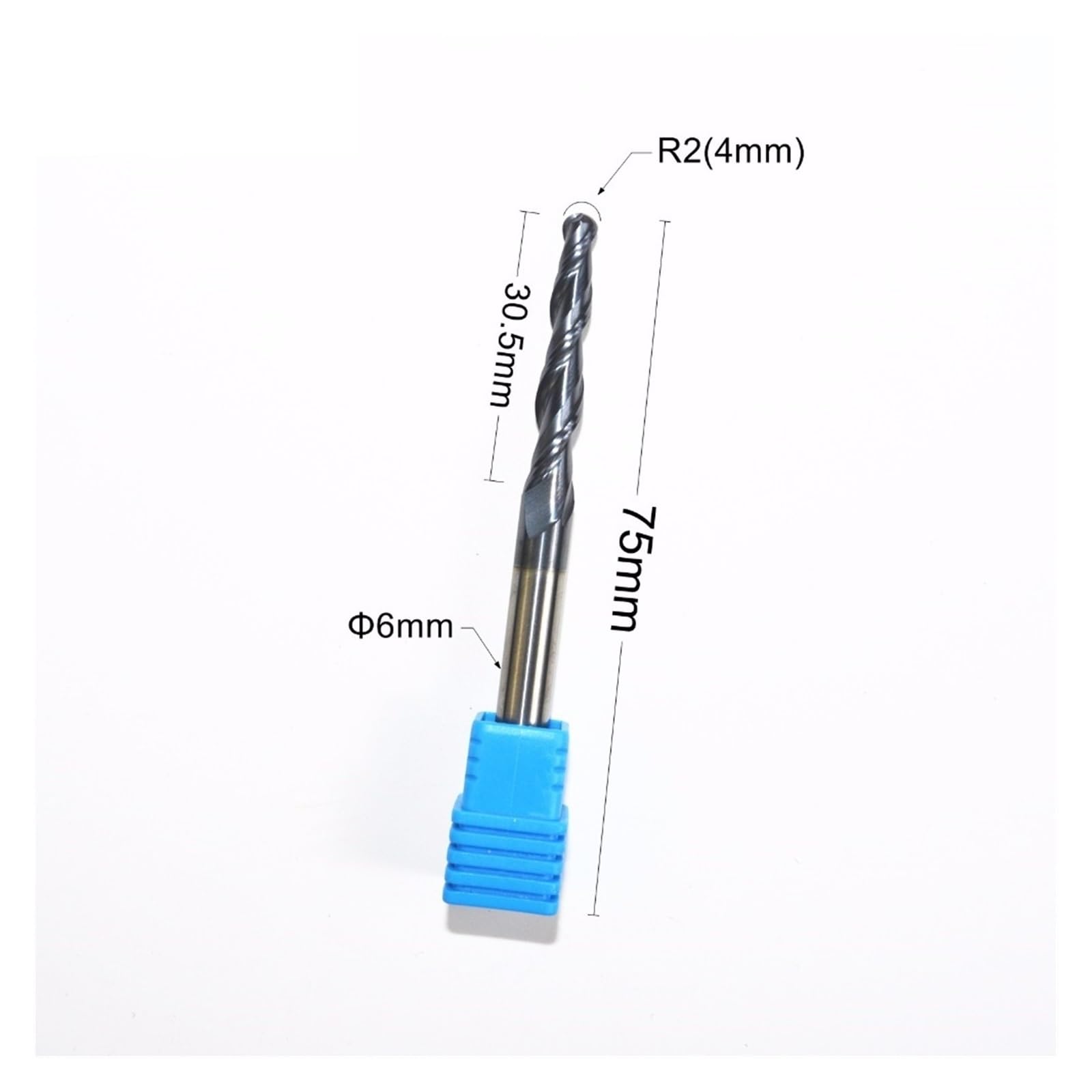 Fresa cónica de punta esférica, Fresa de punta esférica cónica carburo sólido TiALN, 6xR2x30,5x75mm, 2 flautas