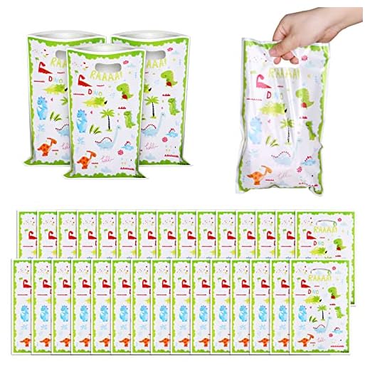 Flintronic 30PCS Bolsas de Regalo, Bolsas de Dulces de Regalo Coloridas, Bolsas Cumpleaños Infantil, Bolsas Plastico de Colores, Bolsas para Fiestas de Cumpleaños/Bodas/Navidad-Pequeño dinosaurio