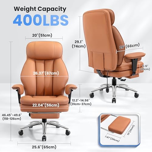 Image of Executive Office Chair with Lumbar Support, Comfortable Computer Desk Chair | Big and Tall Leather Gaming Chair with Double Layer Cushion & Footrest, 400bls Heavy Duty, Home Office Gaming Heavy People