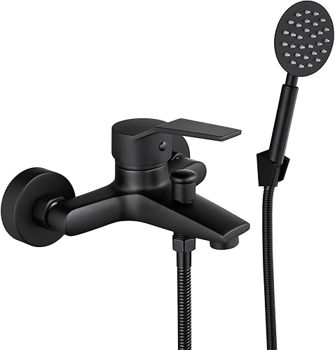 Aolemi Grifo de bañera de pared negro mate de latón macizo con pulverizador de mano de una sola manija para baño boquilla de baño y ducha