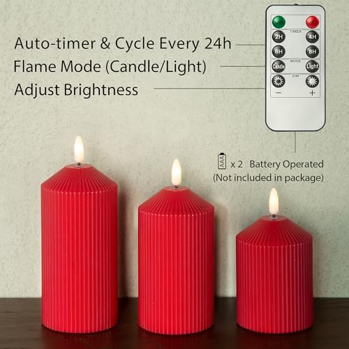 Image of LUSHARBOR Flameless Candles with Remote, Battery Operated Candles Real Wax LED Fake Pillar Candles with Timer Flickering Flame for Wedding Home Party, Set of 3 Red