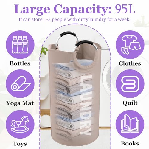 Image of 95L Folding Laundry Basket for Singles, Large Laundry Hamper with Aluminum Handles, Freestanding Dirty Clothes Basket, Sturdy Oxford Fabric Clothes Hampers for Travel, Dormitory, Khaki