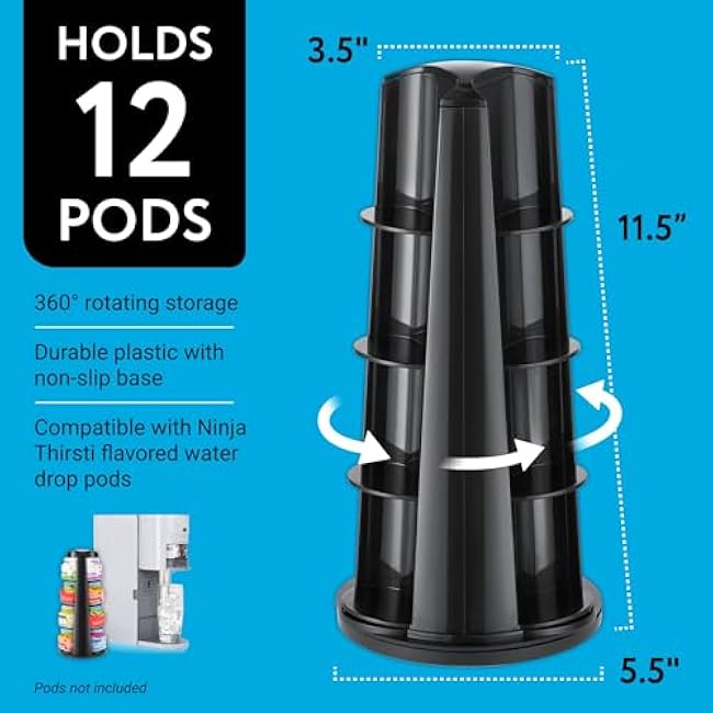 IMPRESA Flavor Pod Holder Compatible with Ninja Thirsti Drink Flavor Pods - Holds 12, Black, 5.5 x 11.5 in - 360 Degree Rotating Base & Rubber Grip for Countertop Storage