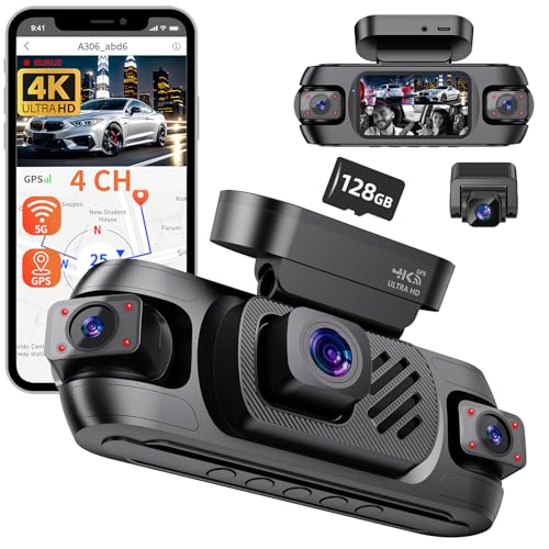 Image of 4 Channel Dash Cam Front and Rear 4K 360View Dash Camera for Cars with GPS, G-Sensor, 5G WiFi, Loop Recording, App Control, 8 Lamps IR Night Vision, 24 /7 Parking Mode, 128G Card