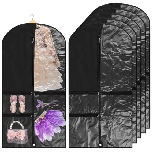 6 Pack Black Hanging Garment Bags for Kids, 39.4 X 19.7 in, Clear Zipper Pockets, Dustproof Cover for Dance Costumes and Outfits
