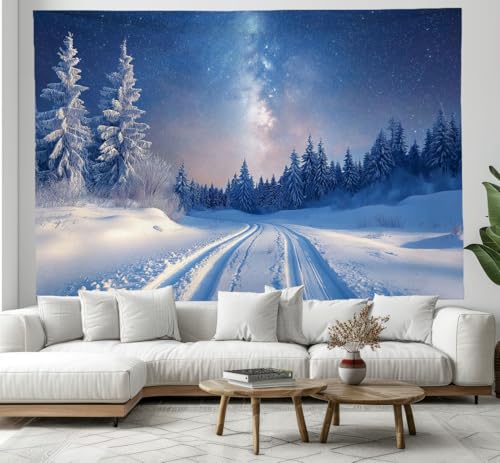 Tapisserie Noël Bleu Marine microfibre haute définition forêt hiver 150x130