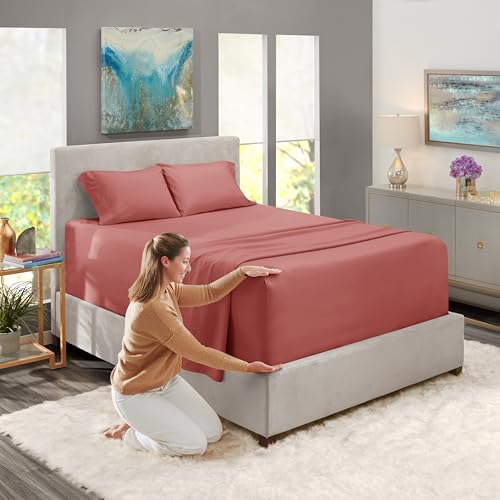 Image of Nestl Full Size Sheet Set, 4 Piece Extra Deep Pocket (18-24 inches), Microfiber, Hotel Luxury, Soft, Breathable, Wrinkle-Free, Easy to Care, Pink Clay