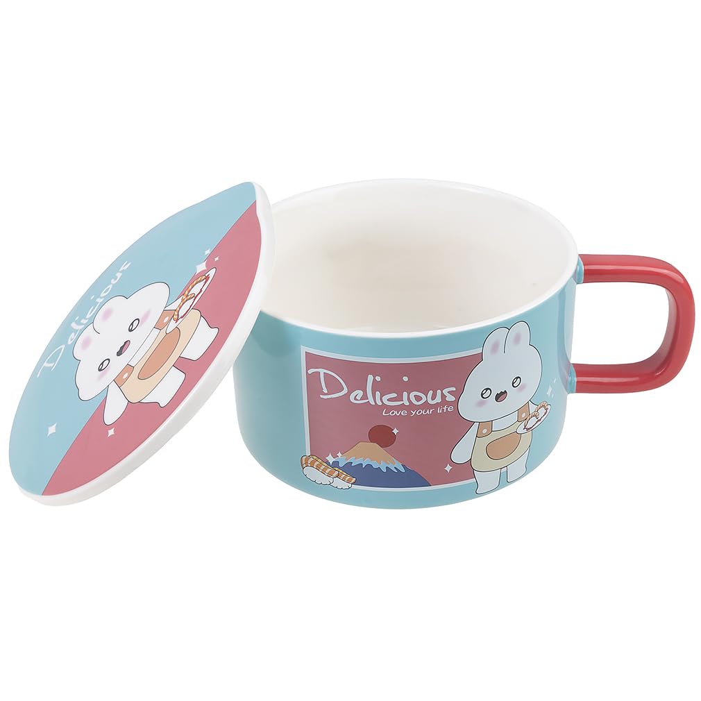 lachineuse - Nudelschale mit Sofortfunktion – asiatische Ramenschale – Porzellan – Motiv Kaninchen – 1000 ml – Deckel & Besteck – Frühstück, Suppe, Reis – Geschenkidee Asien Japan China – Himmelblau