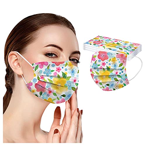50Pcs Disposable Women Floral Face_Masks With Nose Wire, 3-Ply Breathable Adults Facemasks With 3D Designs,Anti-Fog Facemasks For Glasses Wearers Winter Outdoor Party Holiday (Floral_D) #TOP6